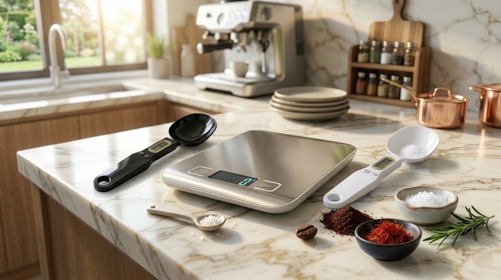 FitScoop Complete Kit: two digital measuring spoon scales and a stainless steel kitchen scale on a marble counter