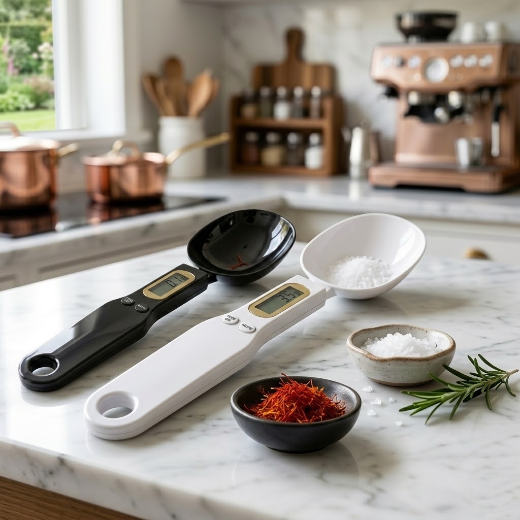 FitScoop Duo: black and white digital measuring spoon scales on a marble kitchen counter