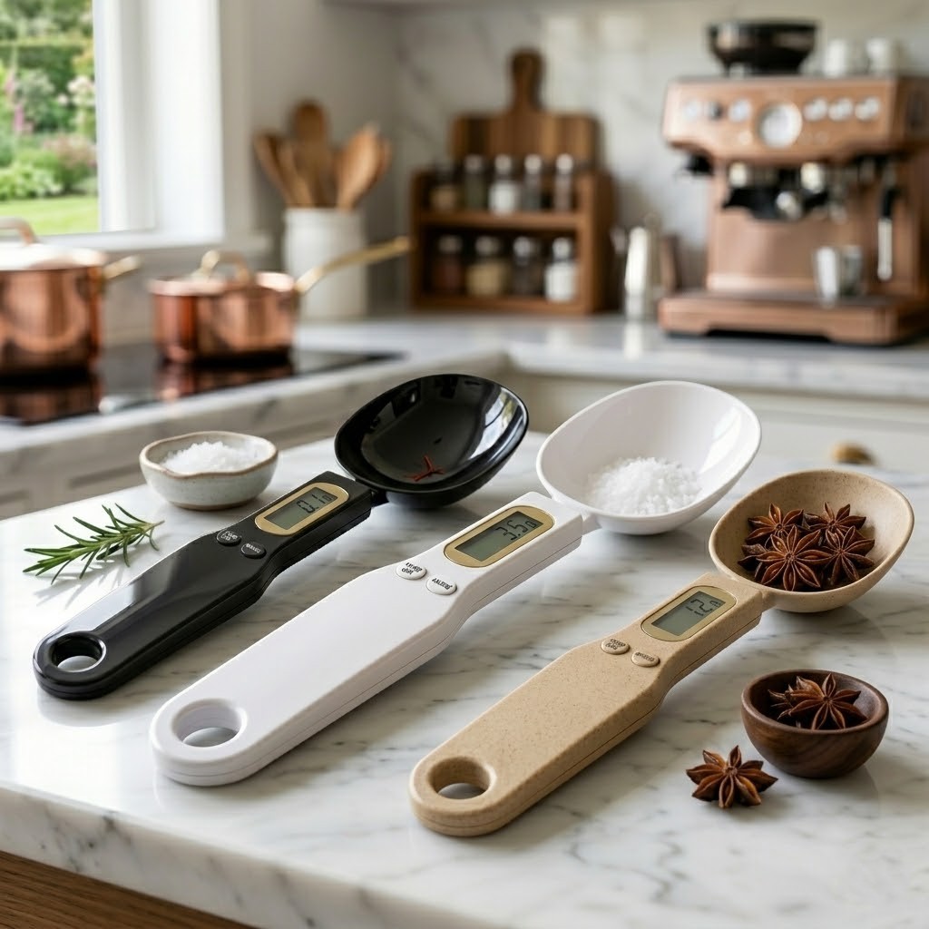 FitScoop Triple Pack: three digital measuring spoon scales in black, white, and natural finish on a marble kitchen counter